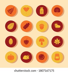 mushroom and autumn icon set over white background, block style, vector illustration