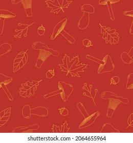 Mushroom and autumn leaves seamless pattern. Line art yellow mushrooms, autumn leaves and acorns on red background. Autumn texture for fabric, wrapping, textile, wallpaper, apparel