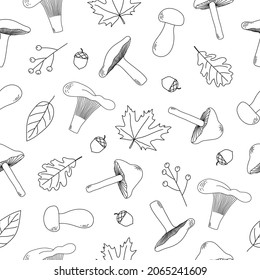 El hongo y las hojas de otoño se caracterizan por un patrón sin fisuras. Linea de hongos negros, hojas de otoño y bellotas sobre fondo blanco. Textura de otoño para tela, envoltura, textil, papel pintado, prendas de vestir. 