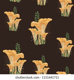 Mushroom autumn seamless pattern with forest wild mushrooms and herbs.  Dark background.