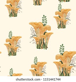 Mushroom autumn seamless pattern with forest wild mushrooms and herbs.  Light yellow background.