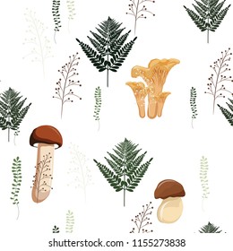 Mushroom autumn seamless pattern with forest wild mushrooms, fern and herbs. Cartoon style illustration. White background.