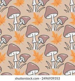 Mushroom autumn seamless pattern with maple leaves. Forest mushroom harvest background. Mushroom cute print for textile, paper, fabric, packaging, vector graphic