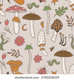 Mushroom autumn vector seamless pattern with forest worms flowers leaves and funny insects.