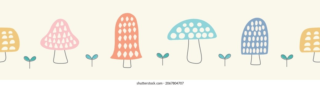 Mushroom background border pattern. Cute nature seamless banner design of hand drawn fungi and leaves. Vector illustration resource ideal for children and babies.