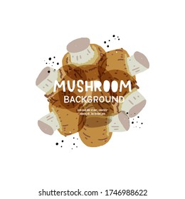 Mushroom background with copy space for text. Yummy banner with cartoon shrooms for recipe book cover, food blog backdrop, diet application, nutrition presentation template. Hand drawn food banner