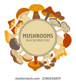 Mushroom background frame. Vector background of edible mushrooms. Hand drawings of food. Sketches of forest plants.