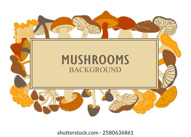 Mushroom background frame. Vector background of edible mushrooms. Hand drawings of food. Sketches of forest plants.