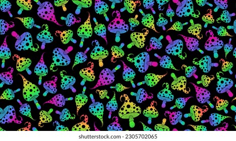 Mushroom background. Magic mushrooms pattern. Fantasy mushrooms glowing in the dark. Hippie psychedelic, amanita muscaria mushroom. Fly agaric print. Cartoon mushroom backdrop.