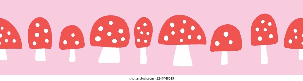 Mushroom background pattern border . Vector seamless repeat banner of red spotted hand drawn textured mushrooms. Cute nature illustration, design element. 