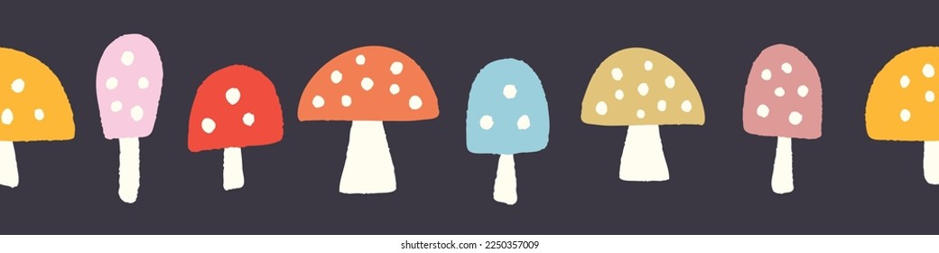 Mushroom background pattern border. Vector seamless repeat banner of bright colourful spotted hand drawn textured mushrooms. Cute Fall nature illustration, design element. 