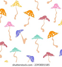 Mushroom background pattern. Cute Fall nature illustration. Mushroom isolated on a white background. Mushroom background for fabric design, textile print, wrapping paper, cover. Vector illustration.
