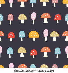 Mushroom background pattern. Vector seamless repeat of bright colourful spotted hand drawn textured mushrooms. Cute Fall nature illustration, design element. 