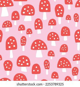 Mushroom background pattern . Vector seamless repeat of red spotted hand drawn textured mushrooms. Cute nature illustration, design element. 