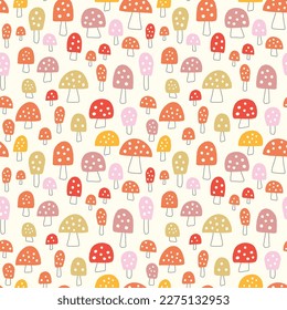 Mushroom background pattern. Vector seamless repeat of bright colourful spotted hand drawn textured mushrooms. Cute Fall nature illustration, design element. 