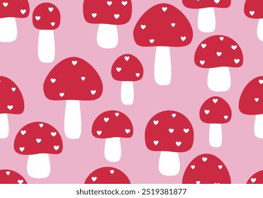 Borda de padrão sem emenda de fundo de cogumelo. Banner de repetição sem emenda de vetor de cogumelos texturizados desenhados à mão manchados vermelhos. Fundo bonito. Repetição sem costura de cogumelos texturizados de manchas vermelhas
