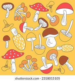 Mushroom background in trendy colors. Autumn set of cool mushrooms. A collection of wild mushrooms in cartoon doodle style with incomplete painting.