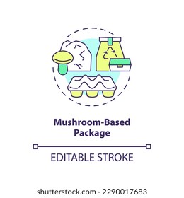 Mushroom based package concept icon. Plastic replacement. Agricultural waste. Mycofoam idea thin line illustration. Isolated outline drawing. Editable stroke. Arial, Myriad Pro-Bold fonts used