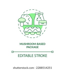 Mushroom based package green concept icon. Plastic replacement. Agricultural waste. Mycofoam idea thin line illustration. Isolated outline drawing. Editable stroke. Arial, Myriad Pro-Bold fonts used