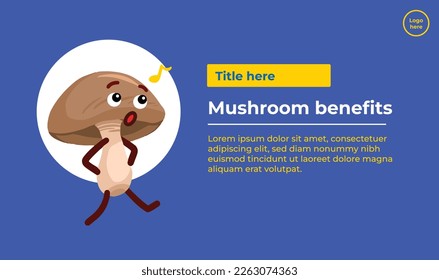 Mushroom benefits with mascot character facial expression and gesture. Banner and poster print design layout isolated template. Simple and flat trendy design with plain blue wallpaper.