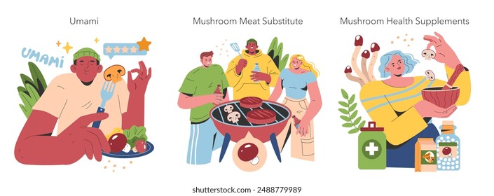 Mushroom Benefits set. Exploring umami flavor, meat substitute options, and health supplements. Culinary delights and nutritional advantages in daily life. Vector illustration.