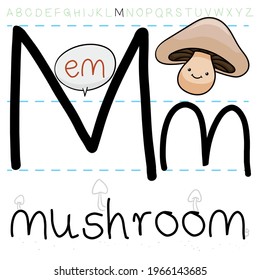 Mushroom with big cap ready for grammar and spelling lesson for letter 'M' in English alphabet.