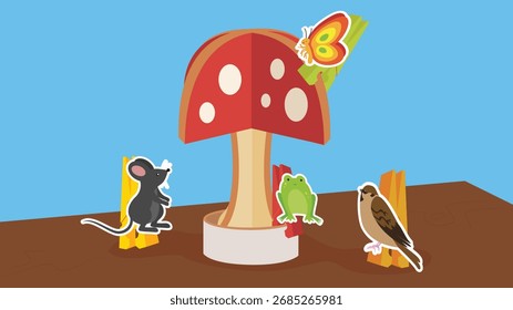 mushroom and bird on the table. vector illustration in flat style