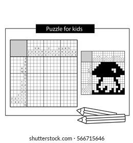 Mushroom. Black and white japanese crossword with answer. Nonogram with answer. Graphic crossword. Puzzle for kids. Puzzle game for any age.