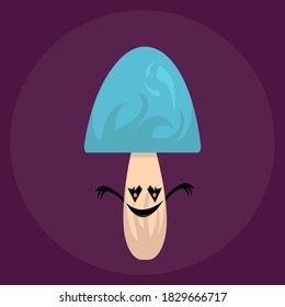 Mushroom with a blue hat and carved eyes in which a fire is blazing object on a purple background concept of halloween and autumn holiday