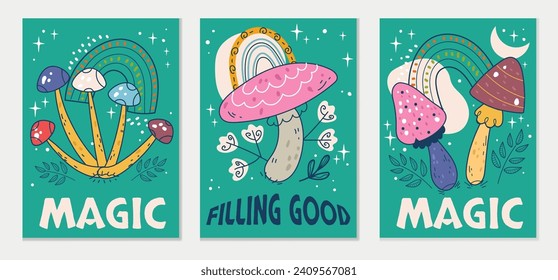 Mushroom bohemian magic psychedelic flyers isolated set. Vector flat graphic design illustration