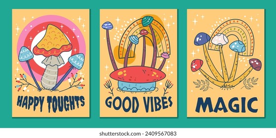 Mushroom bohemian magic psychedelic flyers isolated set. Vector flat graphic design illustration