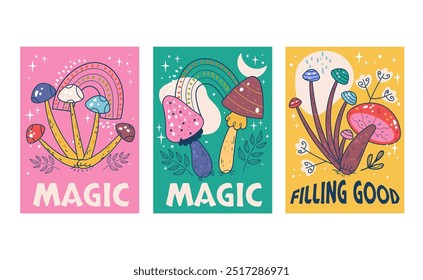 Mushroom bohemian magic psychedelic flyers isolated set. Vector flat graphic design illustration