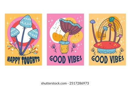 Mushroom bohemian magic psychedelic flyers isolated set. Vector flat graphic design illustration