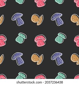 Mushroom Boletus Edulis Pattern. Seamless Background Symbols. Doodle Drawn Sketch Hand Made Design Vector.