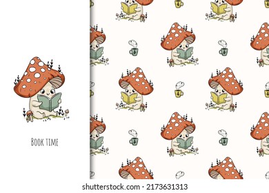 Mushroom with book cartoon vector illustration for posters, T-shirt print, postcard. Kids card print template and seamless background pattern set