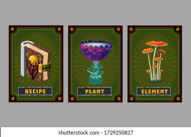 Mushroom, book and flower. Card game collection. Fantasy ui kit with magic items. User interface design elements with decorative frame. Cartoon vector illustration.