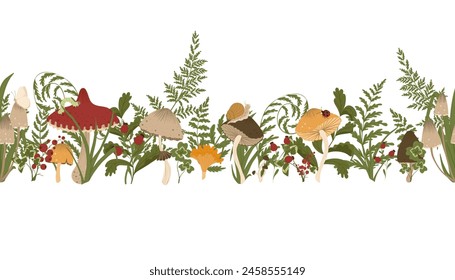 Mushroom border. Vector masking tapes with autumn mushrooms, fern leaves, berries. Seamless fall border with forest harvest. Adhesive tape design. White backgrounds.