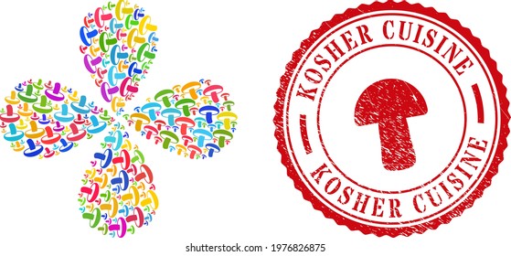 Mushroom bright centrifugal burst, and red round KOSHER CUISINE dirty stamp seal. Mushroom symbol inside round stamp. Element centrifugal explosion done from scattered mushroom items.