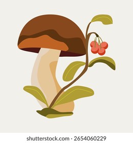 Champiñón con gorra marrón y bayas rojas, bosque de otoño. Para estampados de temporada, libros infantiles o diseños de naturaleza