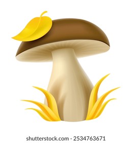 Mushroom with brown cap and yellow leaf on the top in autumn grass. Realistic isolated white transparent background. Vector illustration.