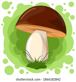 Mushroom with a brown hat on an abstract background. Picture. Vector isolated on white. Cartoon flat style. Beautiful little forest mushroom in the grass.