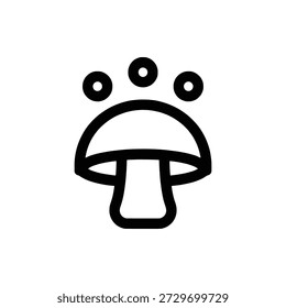 Una silueta de gorro de seta con esporas circulares simples que flotan hacia arriba para simbolizar la Reproducción y la propagación
