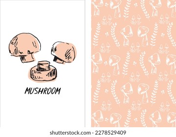 Mushroom card and pattern collection. Hand drawn vector illustration. Great for textiles, wrapping, design, greeting cards, printing.
