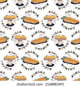 Mushroom and Carrot. Seamless pattern on a white background. Cute vector illustration.