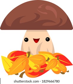 mushroom cartoon character with brown hat growing in a pile of autumn leaves golden season and nature concept