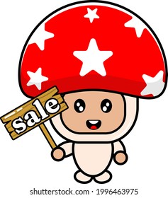 mushroom cartoon character cute mascot costume character with sales board