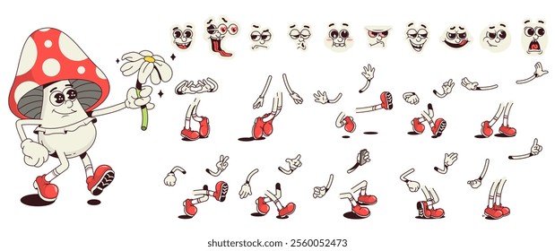 Mushroom cartoon character with groovy comic faces set. Funny amanita mascot with bundle of happy, love, sad, angry, whistle and other facial emotions, legs poses, hands gestures. Vector illustration.