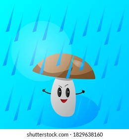 mushroom cartoon character laughs and shows gesture of approval it grows in the rain golden season and autumn concept