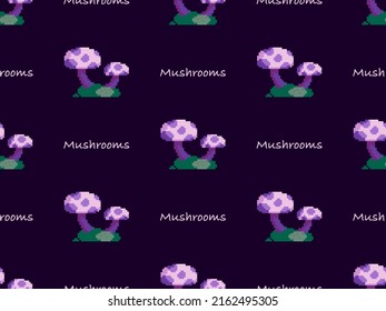 Mushroom cartoon character seamless pattern on black background. Pixel style