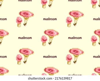 Mushroom cartoon character seamless pattern on yellow background. Pixel style